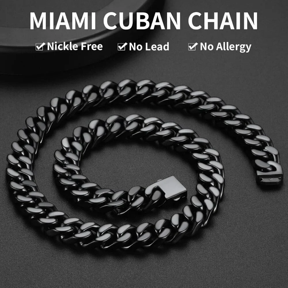 Men's 14mm Width Steel Black 18K Gold Plated Cuban Durable Hip Hop Chain Jewelry
